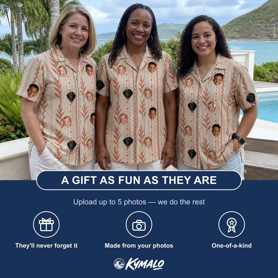 Friends in matching Women's Torch Blossoms Custom Face Hawaiian Shirt — a group gift photo