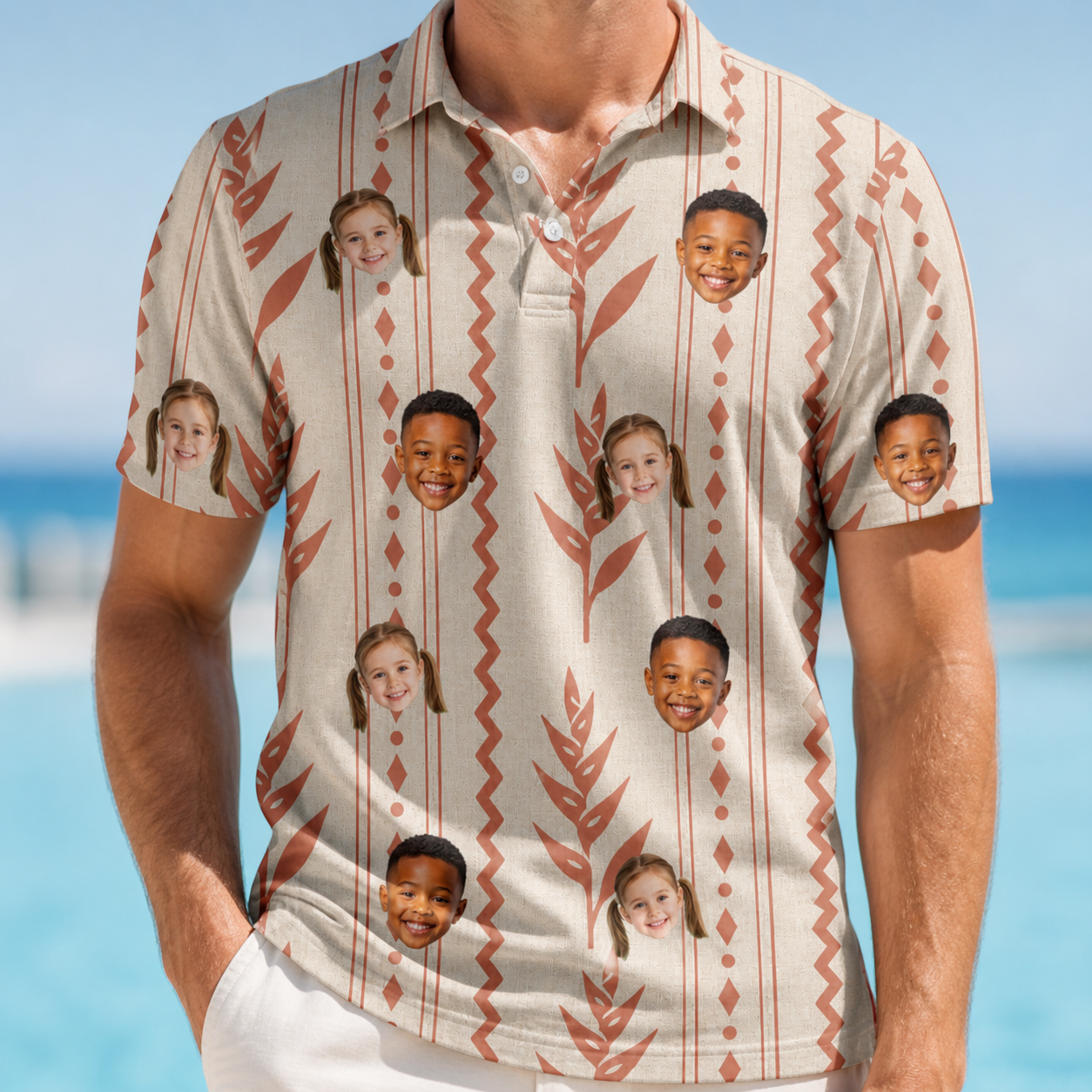 Model wearing Men's Torch Blossoms Custom Face Polo Shirt printed with kids' faces