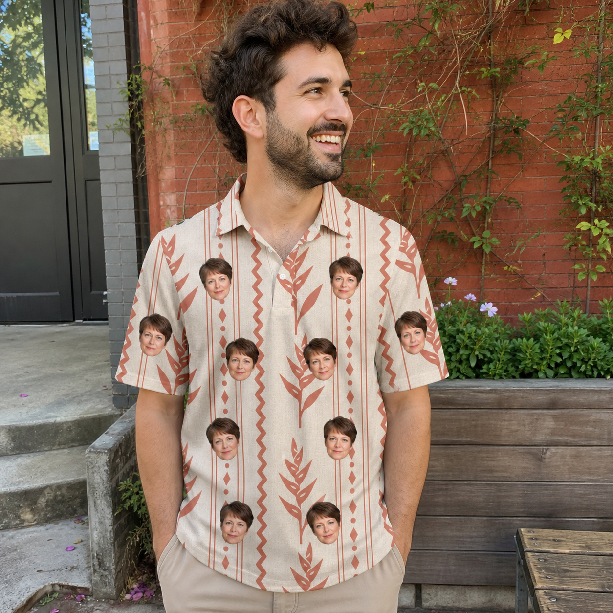 Real-life photo of someone wearing Men's Torch Blossoms Custom Face Polo Shirt — custom faces printed all-over