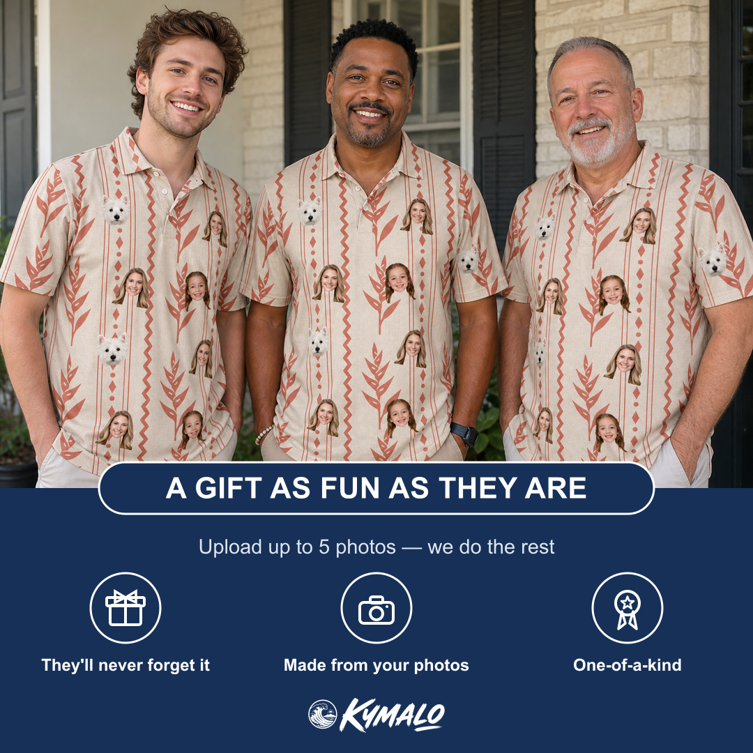 Friends in matching Men's Torch Blossoms Custom Face Polo Shirt — a group gift photo