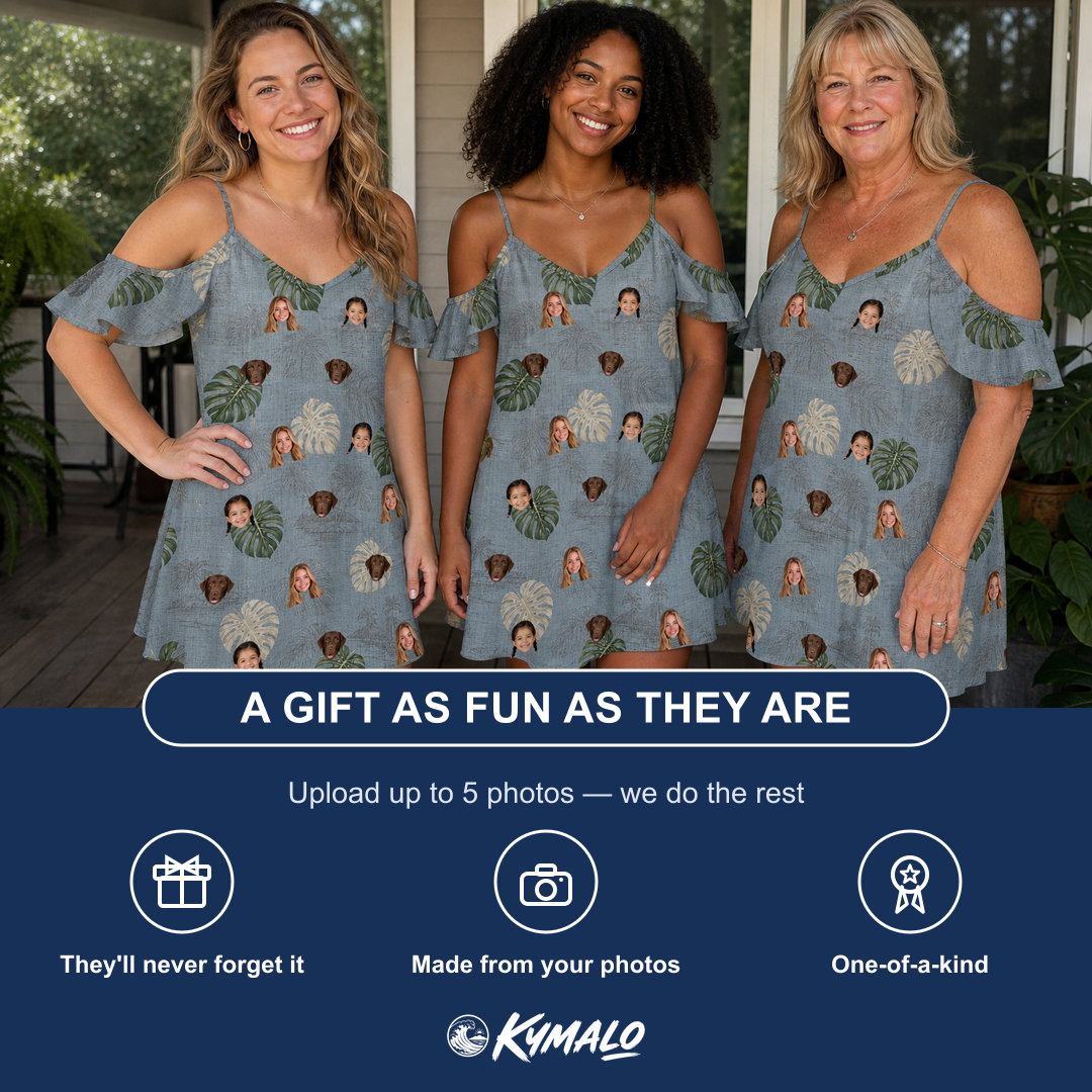 Friends in matching Women's Monstera Mingle Custom Face Off-Shoulder Dress — a group gift photo