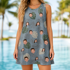 Model wearing Women's Monstera Mingle Custom Face Tank Dress printed with kids' faces