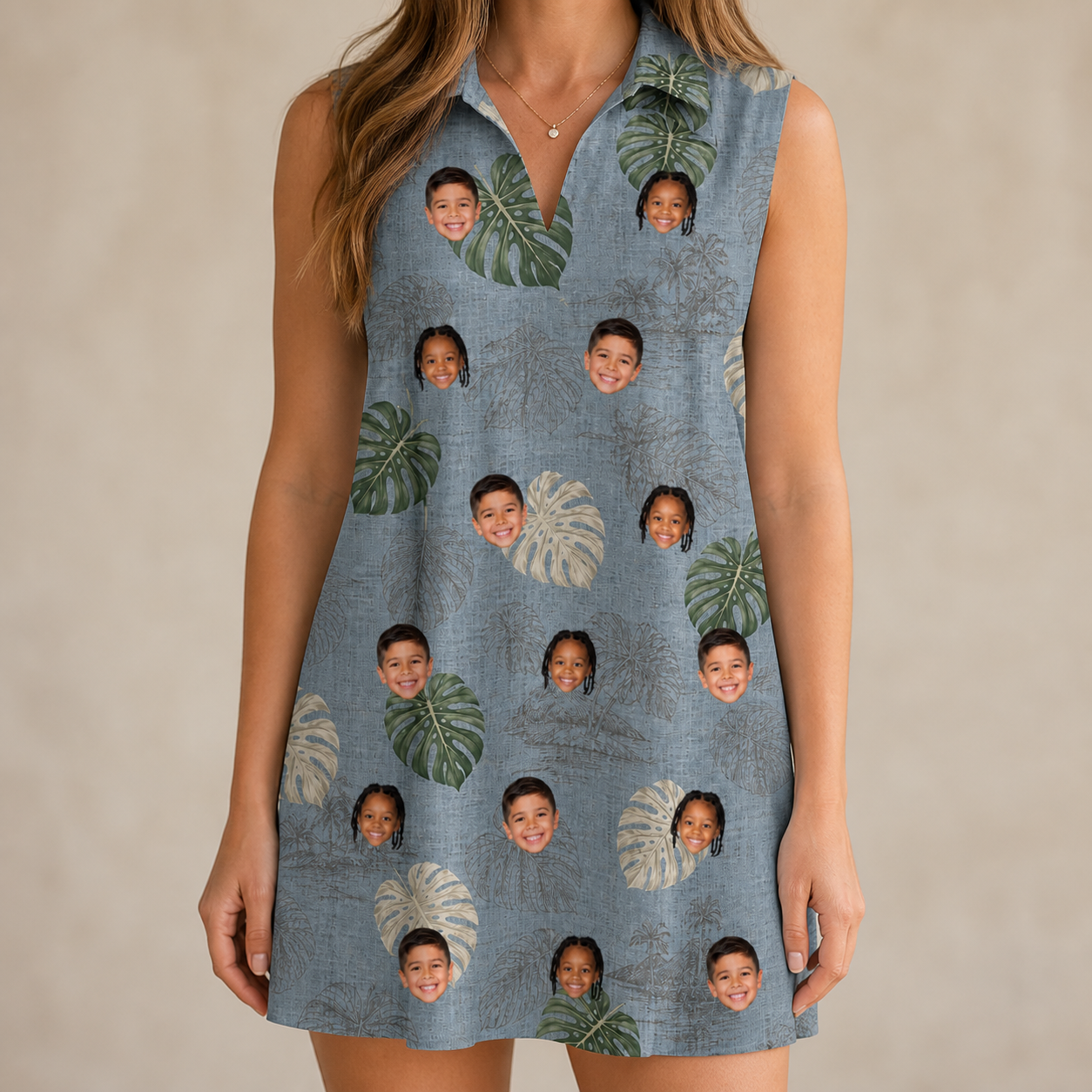 Model wearing Women's Monstera Mingle Custom Face V-Neck Dress printed with kids' faces