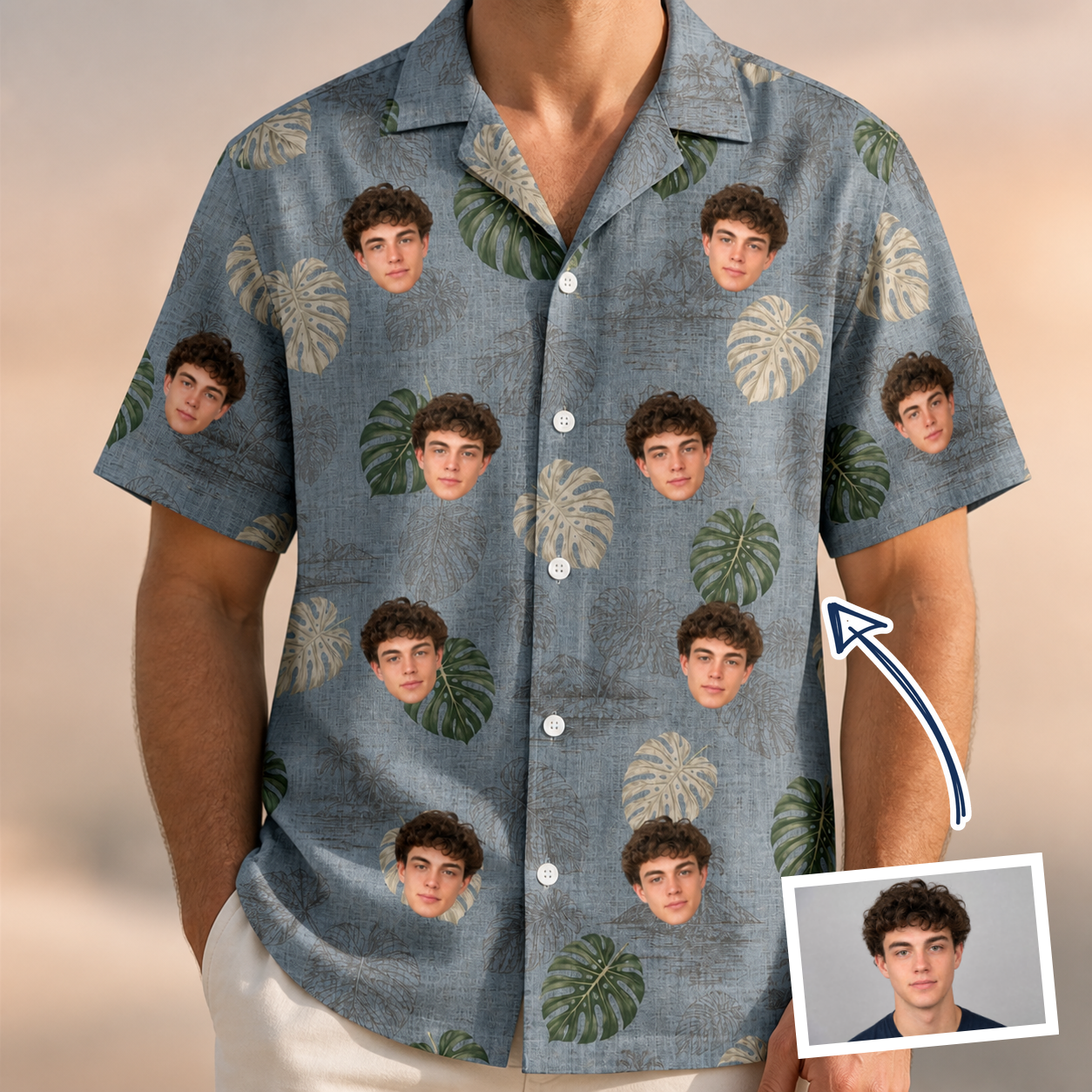 Man wearing Men's Monstera Mingle Custom Face Hawaiian Shirt — custom faces printed all-over