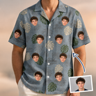 Man wearing Men's Monstera Mingle Custom Face Hawaiian Shirt — custom faces printed all-over