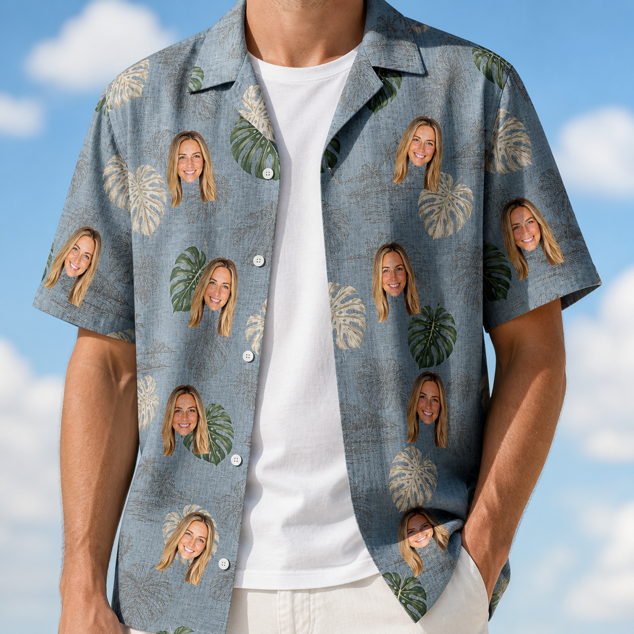 Man wearing Men's Monstera Mingle Custom Face Hawaiian Shirt open over a white tee