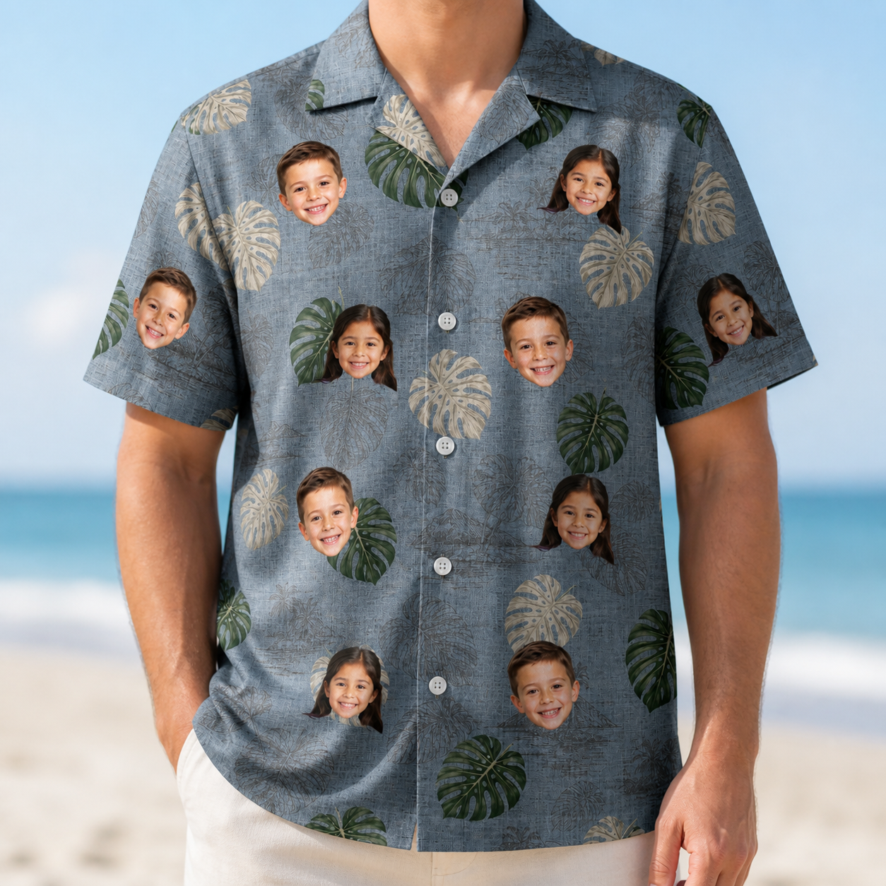 Model wearing Men's Monstera Mingle Custom Face Hawaiian Shirt printed with kids' faces