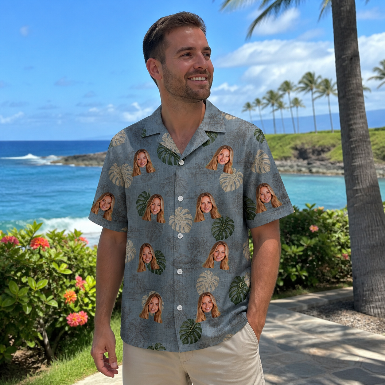 Real-life photo of someone wearing Men's Monstera Mingle Custom Face Hawaiian Shirt — custom faces printed all-over
