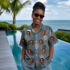Real-life photo of someone wearing Women's Monstera Mingle Custom Face Hawaiian Shirt — custom faces printed all-over