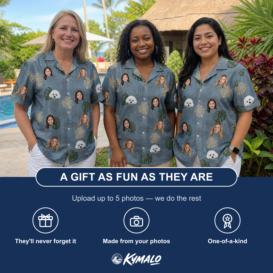 Friends in matching Women's Monstera Mingle Custom Face Hawaiian Shirt — a group gift photo