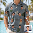 Man wearing Men's Monstera Mingle Custom Face Polo Shirt — custom faces printed all-over