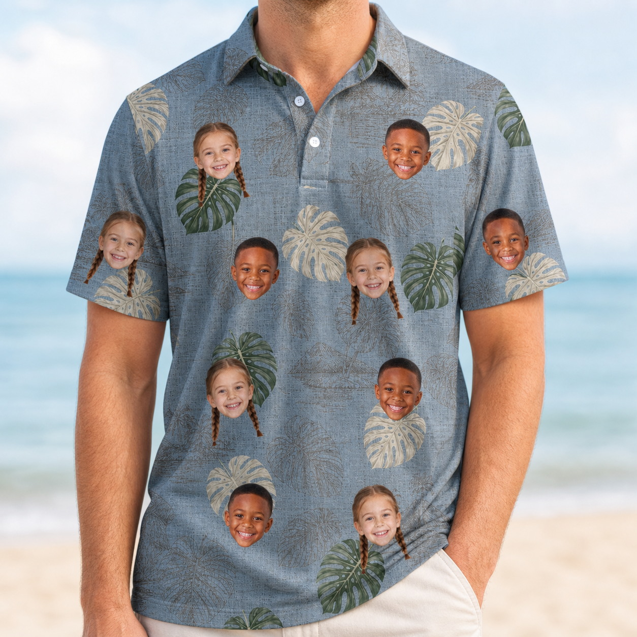 Model wearing Men's Monstera Mingle Custom Face Polo Shirt printed with kids' faces