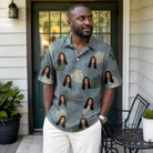 Real-life photo of someone wearing Men's Monstera Mingle Custom Face Polo Shirt — custom faces printed all-over