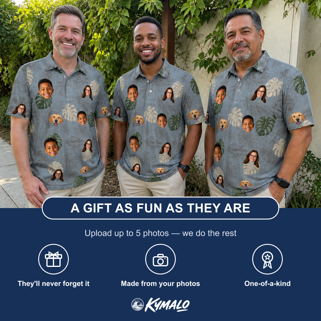 Friends in matching Men's Monstera Mingle Custom Face Polo Shirt — a group gift photo
