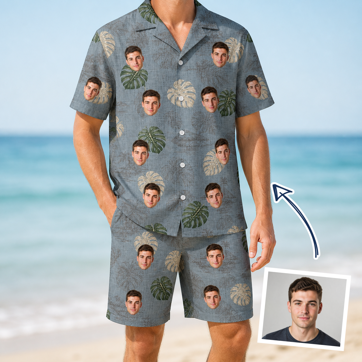 Man wearing Men's Monstera Mingle Custom Face Shirt & Shorts Set — custom faces printed all-over