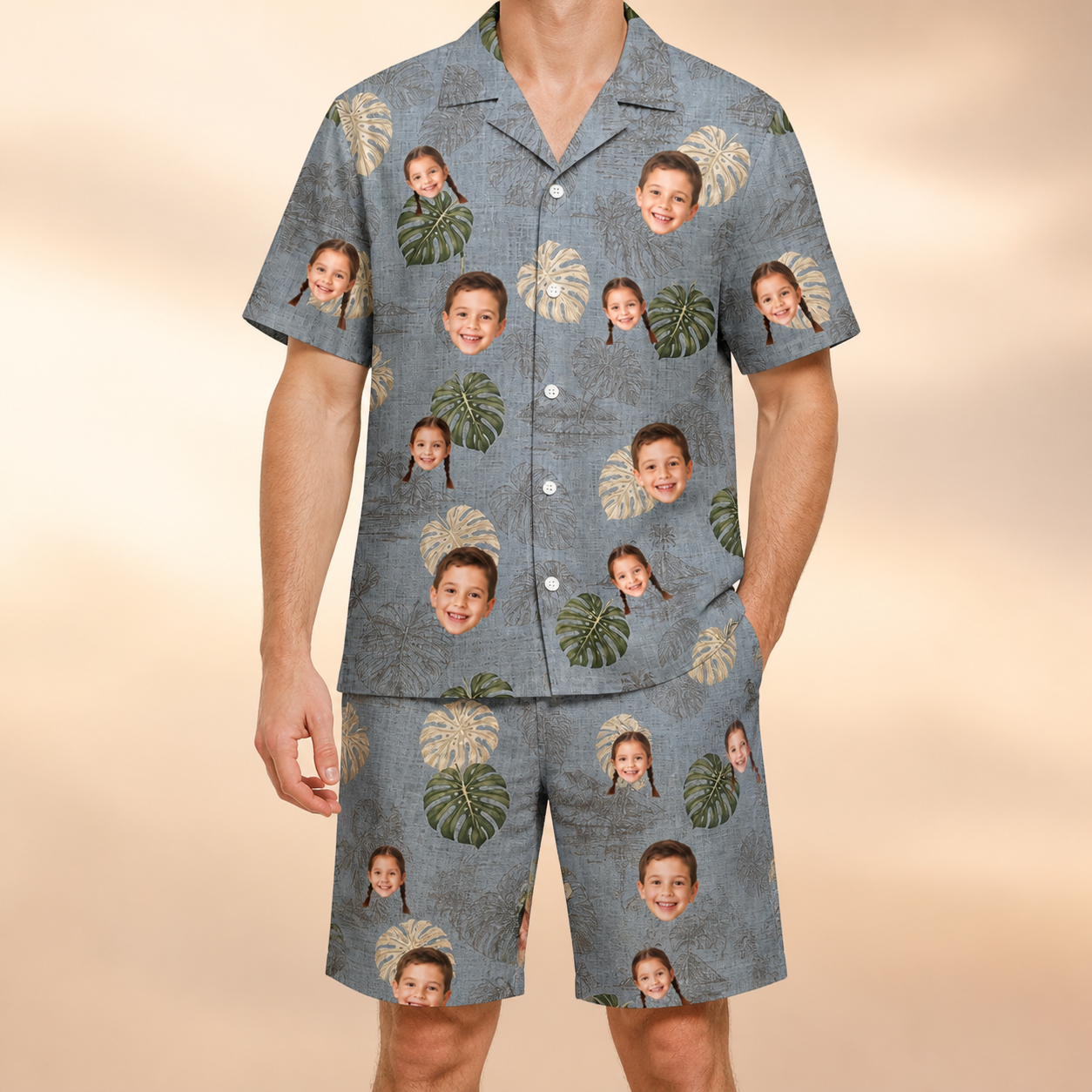 Model wearing Men's Monstera Mingle Custom Face Shirt & Shorts Set printed with kids' faces