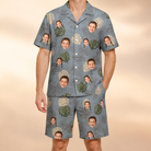 Model wearing Men's Monstera Mingle Custom Face Shirt & Shorts Set printed with kids' faces