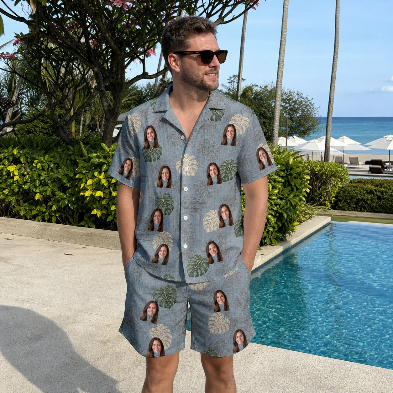 Real-life photo of someone wearing Men's Monstera Mingle Custom Face Shirt & Shorts Set — custom faces printed all-over