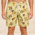 Model wearing Men's Frangipani Frolic Custom Face Beach Shorts printed with kids' faces