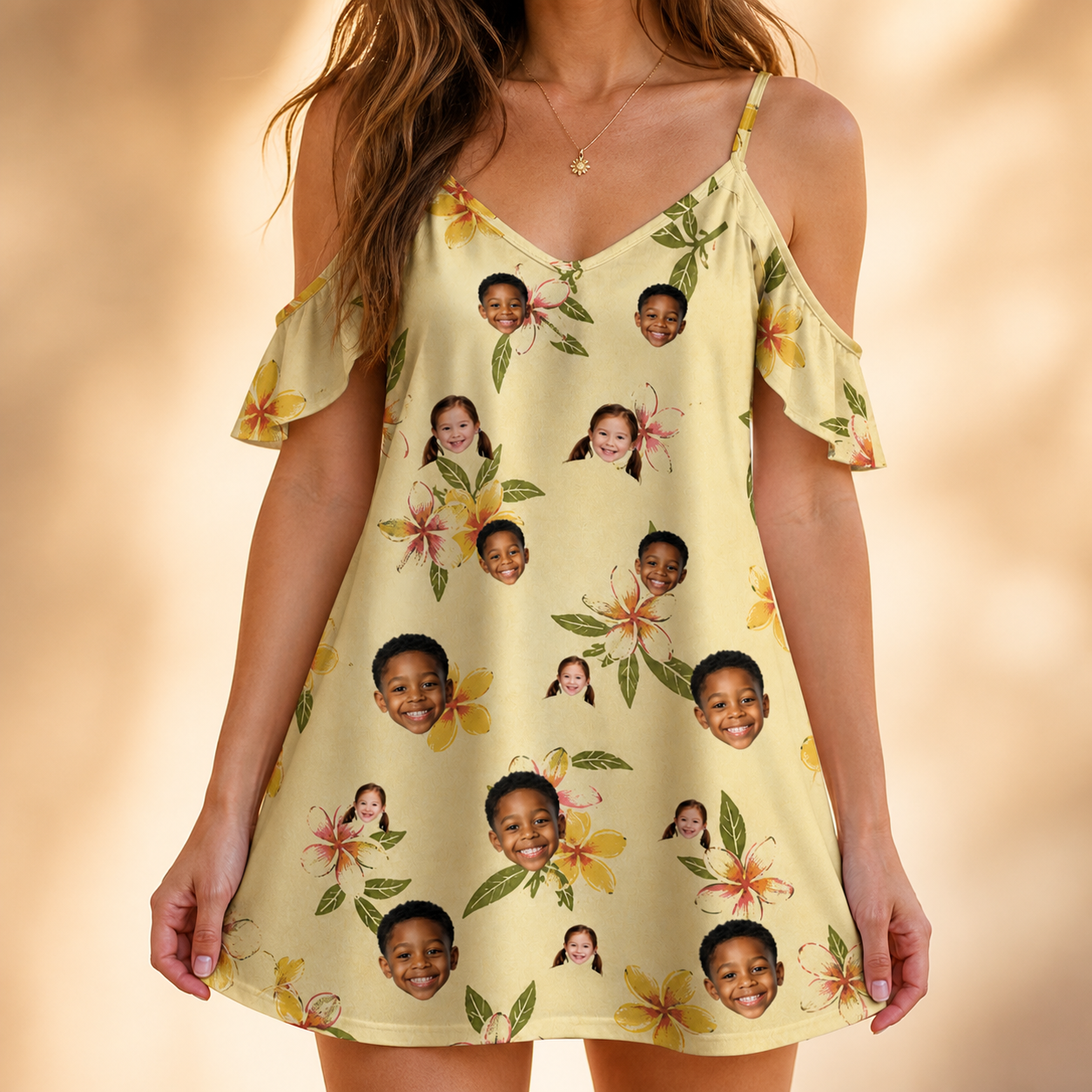 Model wearing Women's Frangipani Frolic Custom Face Off-Shoulder Dress printed with kids' faces