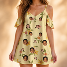 Model wearing Women's Frangipani Frolic Custom Face Off-Shoulder Dress printed with kids' faces