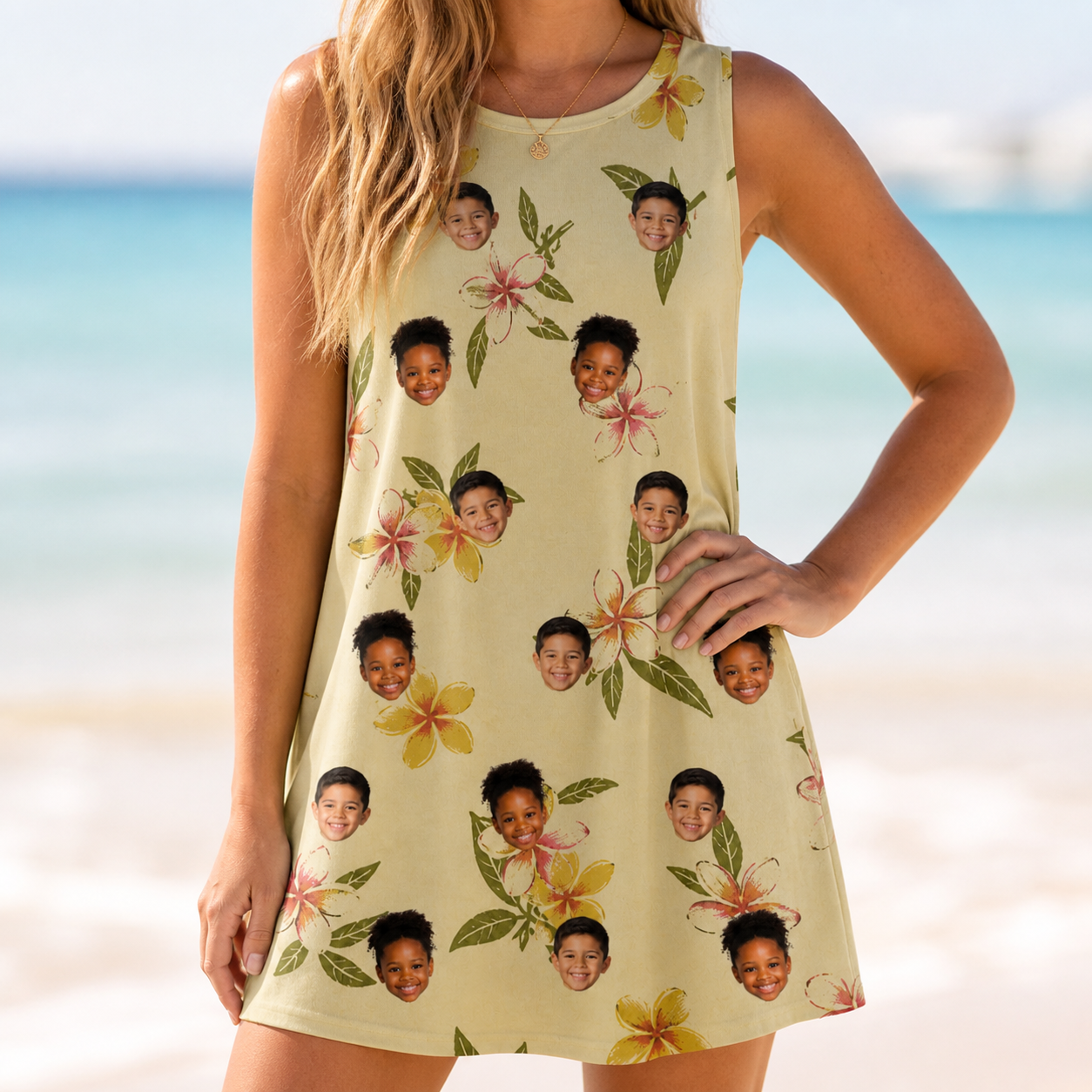 Model wearing Women's Frangipani Frolic Custom Face Tank Dress printed with kids' faces