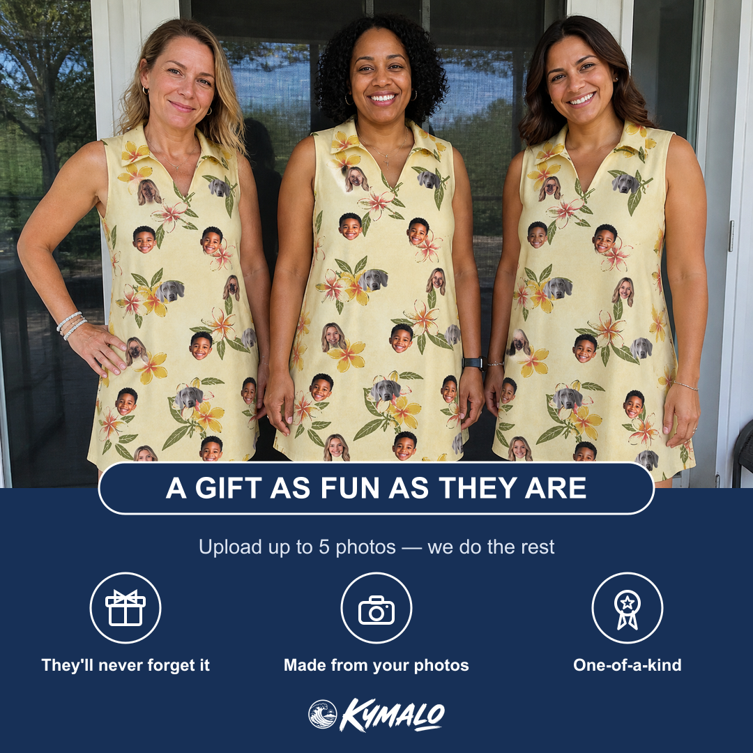 Friends in matching Women's Frangipani Frolic Custom Face V-Neck Dress — a group gift photo