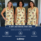 Friends in matching Women's Frangipani Frolic Custom Face V-Neck Dress — a group gift photo