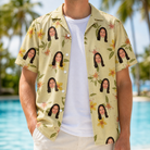 Man wearing Men's Frangipani Frolic Custom Face Hawaiian Shirt open over a white tee