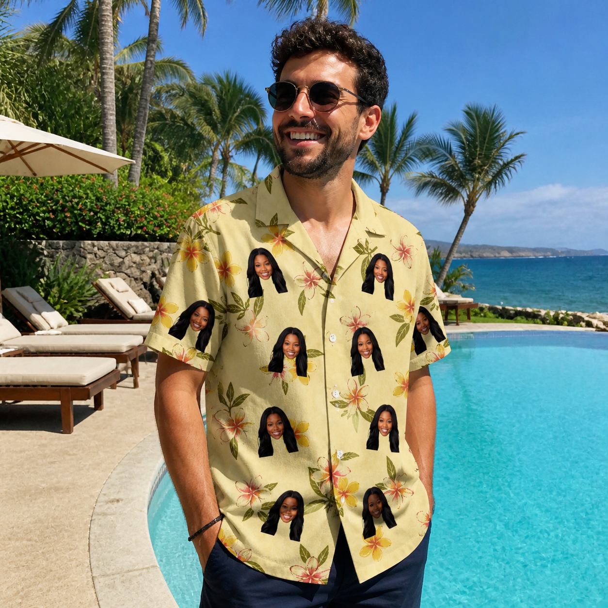 Real-life photo of someone wearing Men's Frangipani Frolic Custom Face Hawaiian Shirt — custom faces printed all-over