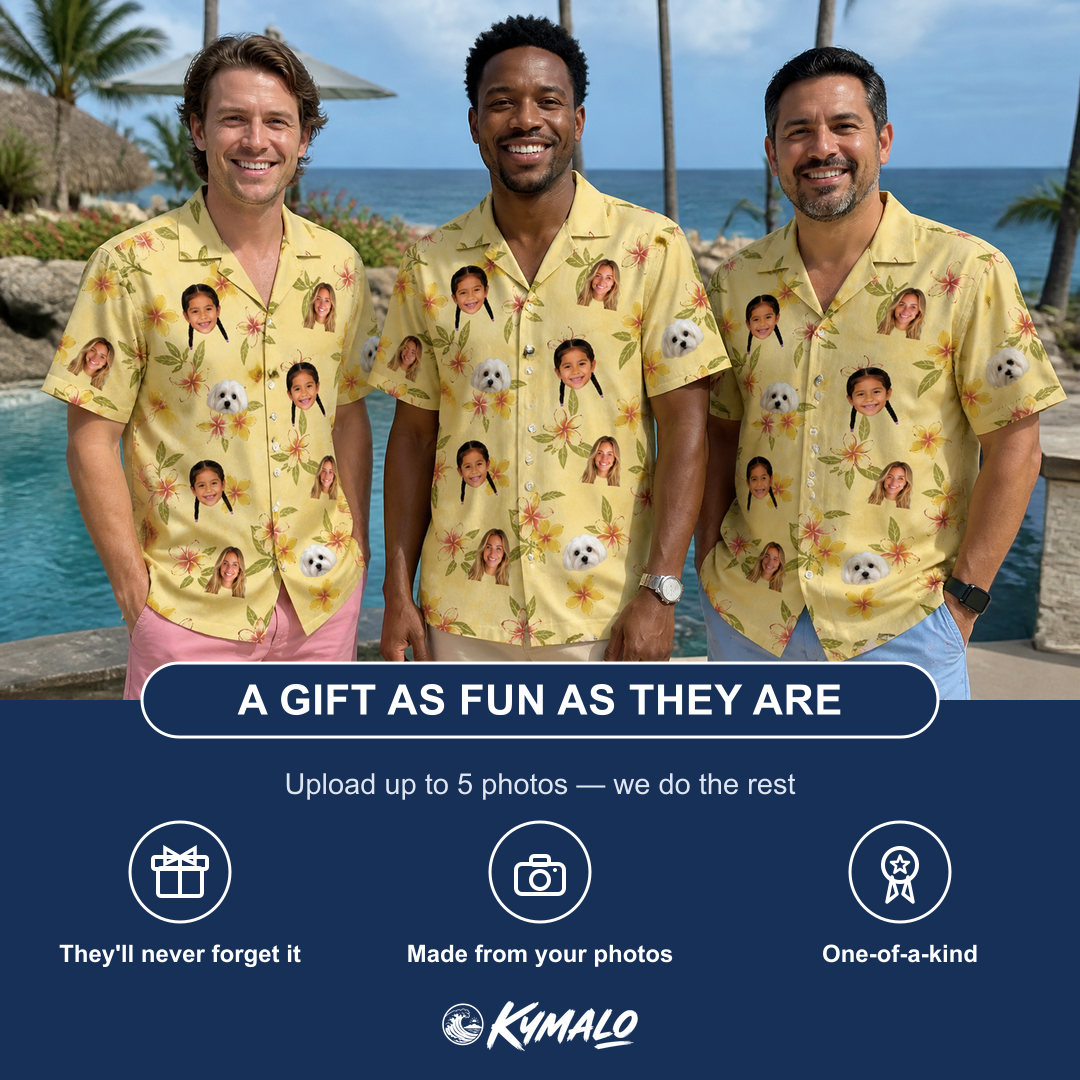 Friends in matching Men's Frangipani Frolic Custom Face Hawaiian Shirt — a group gift photo