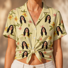 Woman wearing Women's Frangipani Frolic Custom Face Hawaiian Shirt tied at the waist