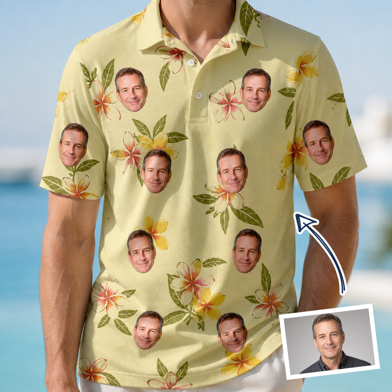 Man wearing Men's Frangipani Frolic Custom Face Polo Shirt — custom faces printed all-over