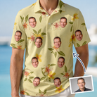 Man wearing Men's Frangipani Frolic Custom Face Polo Shirt — custom faces printed all-over