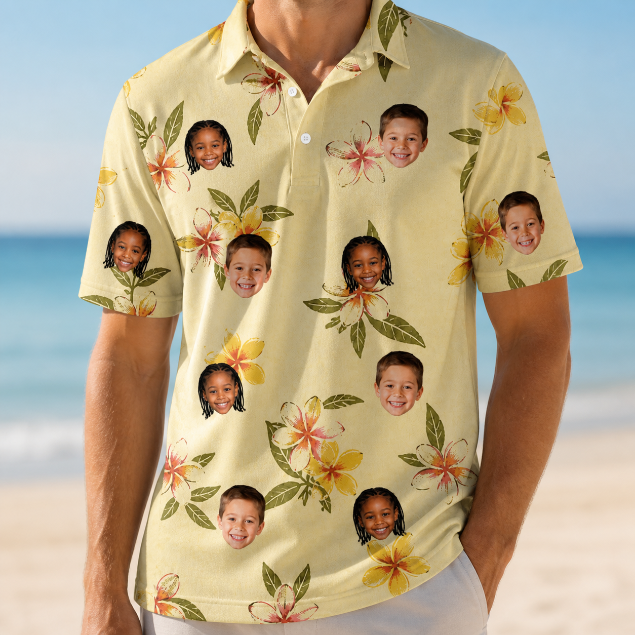 Model wearing Men's Frangipani Frolic Custom Face Polo Shirt printed with kids' faces