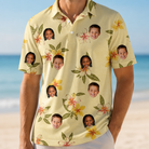 Model wearing Men's Frangipani Frolic Custom Face Polo Shirt printed with kids' faces