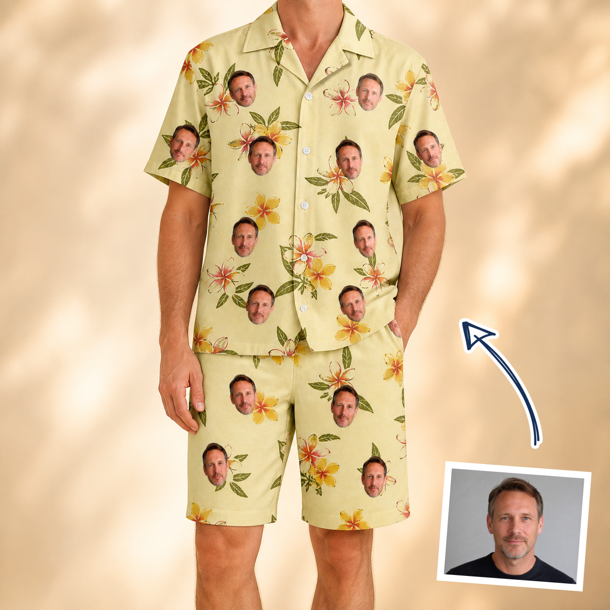 Man wearing Men's Frangipani Frolic Custom Face Shirt & Shorts Set — custom faces printed all-over