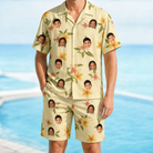 Model wearing Men's Frangipani Frolic Custom Face Shirt & Shorts Set printed with kids' faces