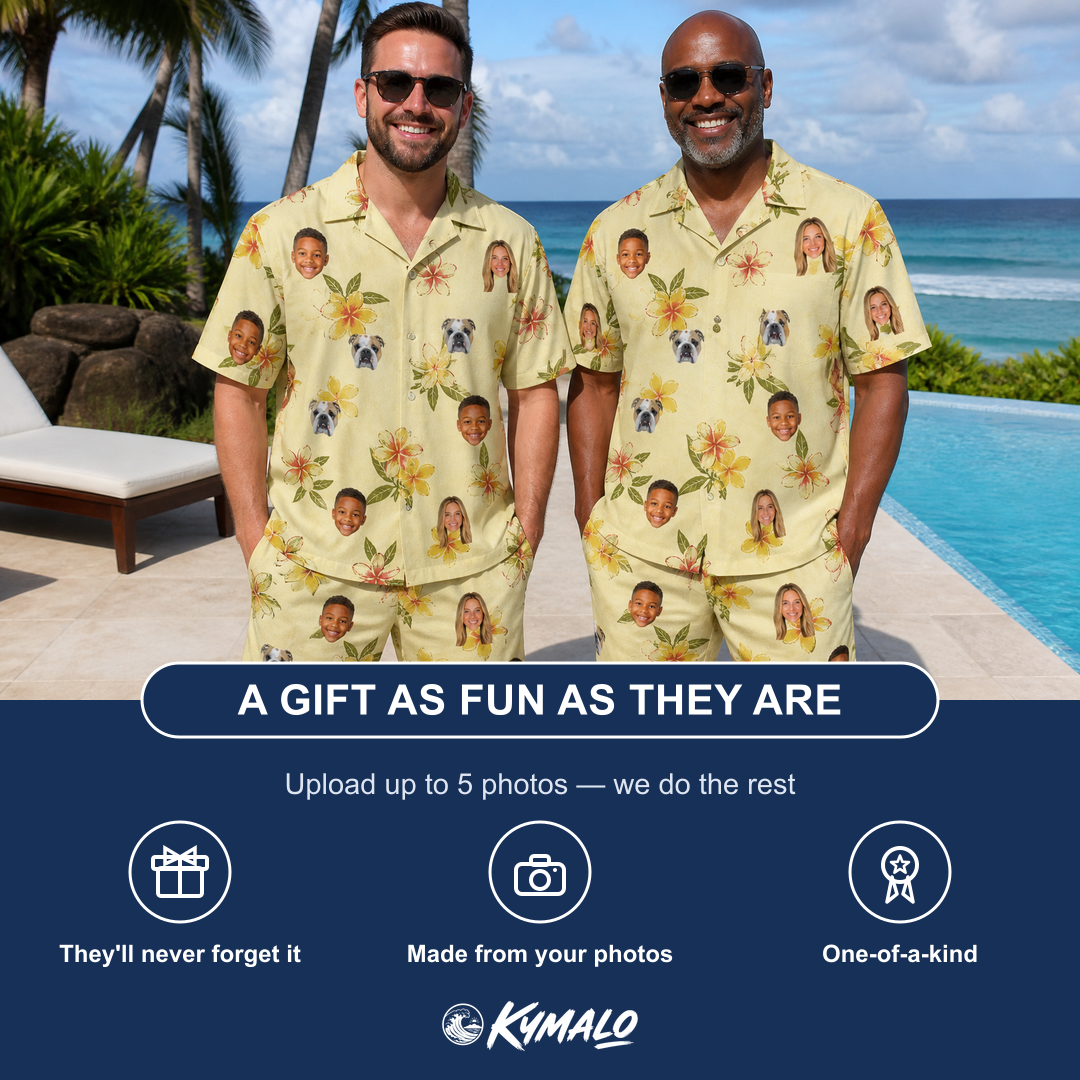 Friends in matching Men's Frangipani Frolic Custom Face Shirt & Shorts Set — a group gift photo
