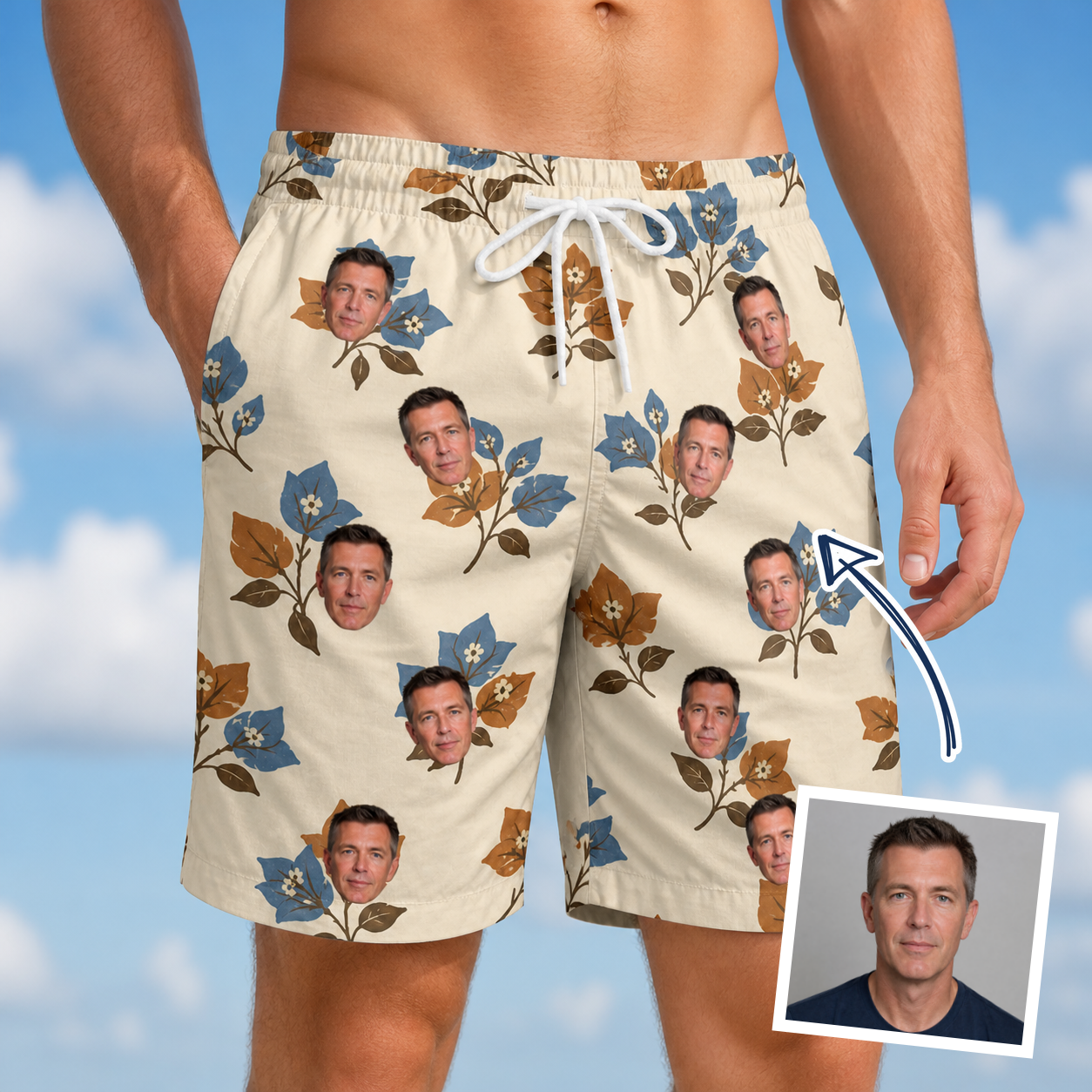 Man wearing Men's Bougainvillea Bounce Custom Face Beach Shorts — custom faces printed all-over