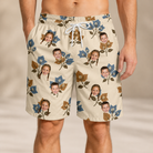 Model wearing Men's Bougainvillea Bounce Custom Face Beach Shorts printed with kids' faces