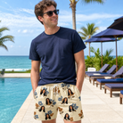 Real-life photo of someone wearing Men's Bougainvillea Bounce Custom Face Beach Shorts — custom faces printed all-over