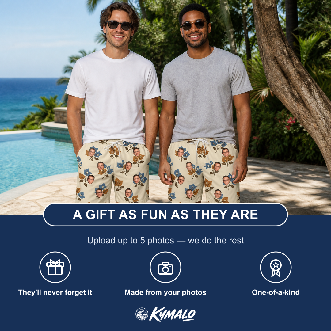 Friends in matching Men's Bougainvillea Bounce Custom Face Beach Shorts — a group gift photo