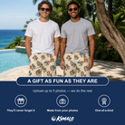 Friends in matching Men's Bougainvillea Bounce Custom Face Beach Shorts — a group gift photo