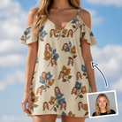 Woman wearing Women's Bougainvillea Bounce Custom Face Off-Shoulder Dress — custom faces printed all-over