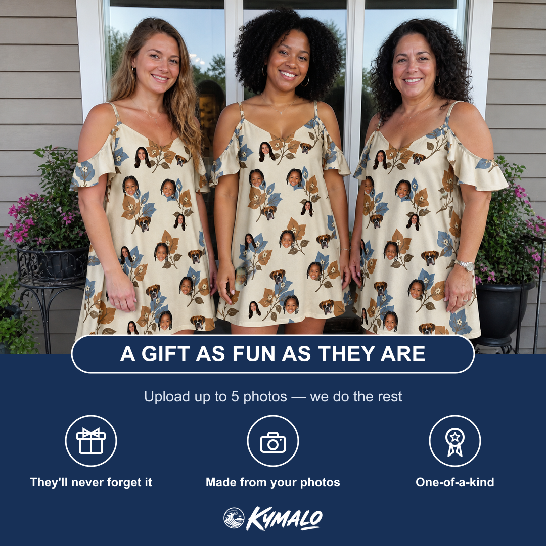 Friends in matching Women's Bougainvillea Bounce Custom Face Off-Shoulder Dress — a group gift photo