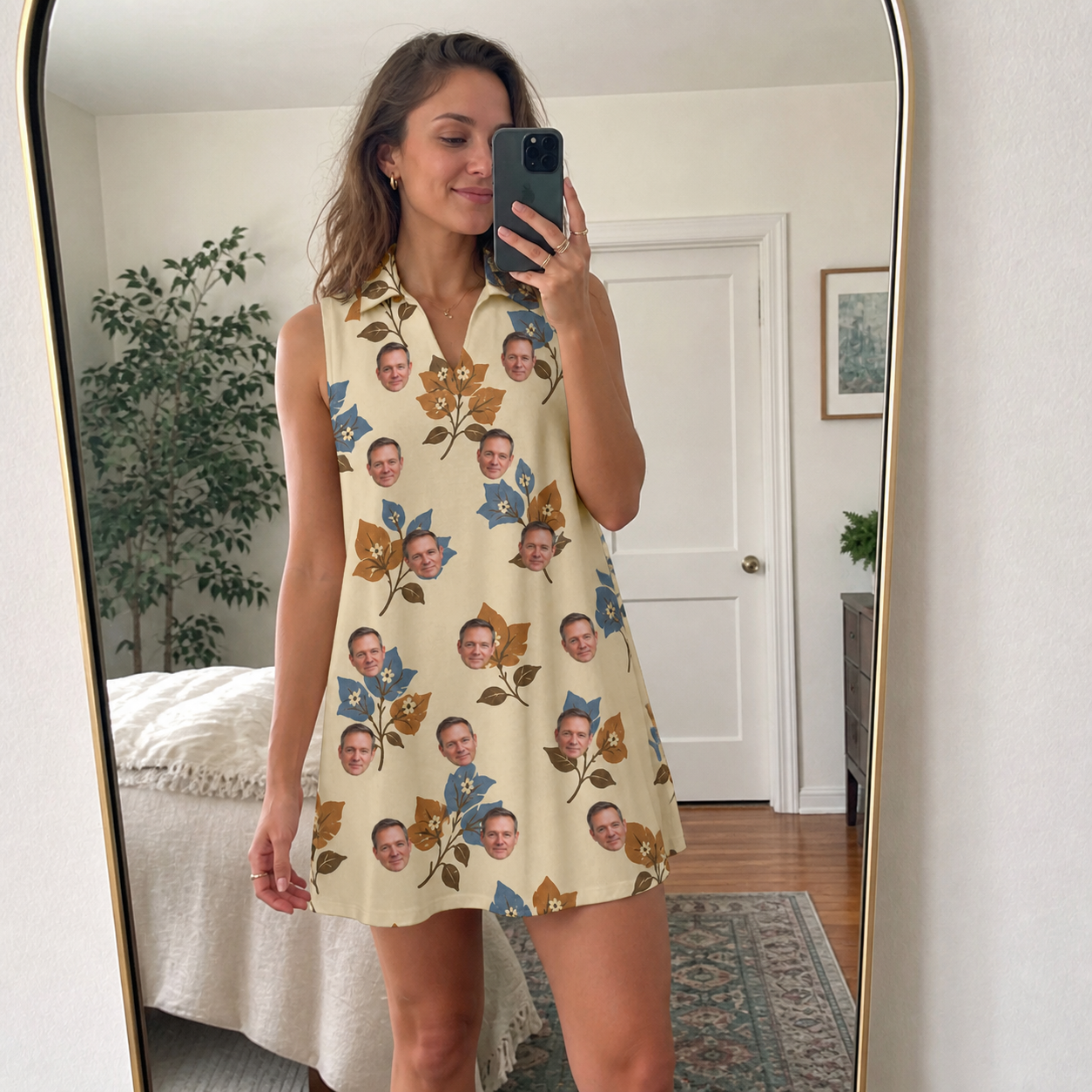 Real-life photo of someone wearing Women's Bougainvillea Bounce Custom Face V-Neck Dress — custom faces printed all-over
