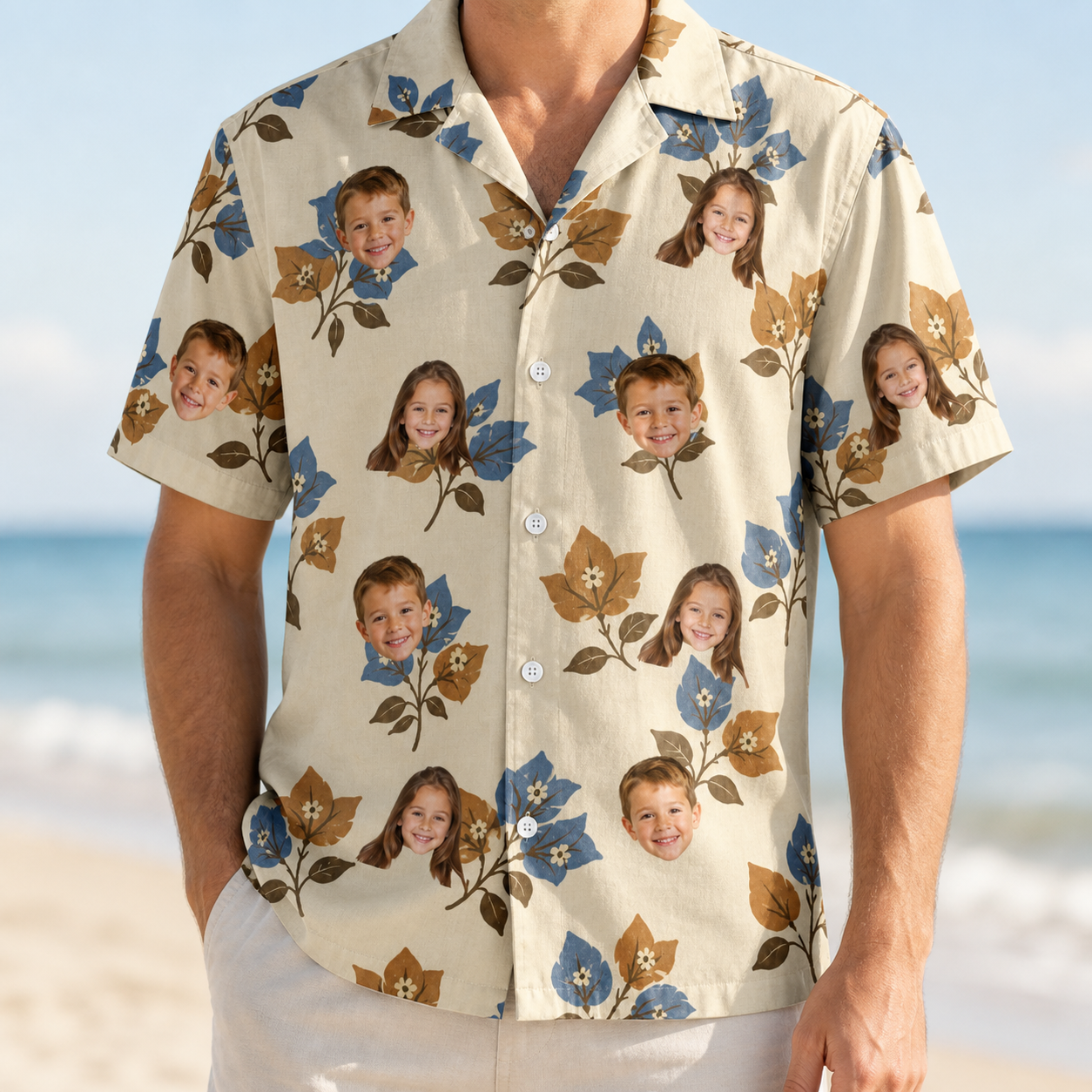 Model wearing Men's Bougainvillea Bounce Custom Face Hawaiian Shirt printed with kids' faces