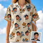 Woman wearing Women's Bougainvillea Bounce Custom Face Hawaiian Shirt — custom faces printed all-over