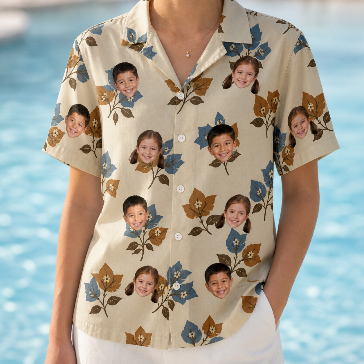 Model wearing Women's Bougainvillea Bounce Custom Face Hawaiian Shirt printed with kids' faces